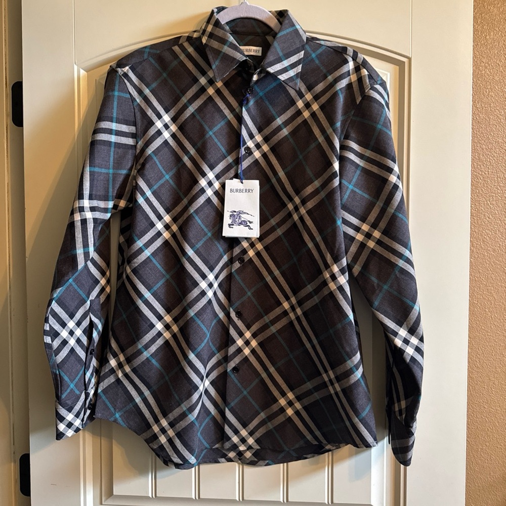 Burberry Check Pattern Long Sleeve Button-Up Shirt, Size Medium, NWT